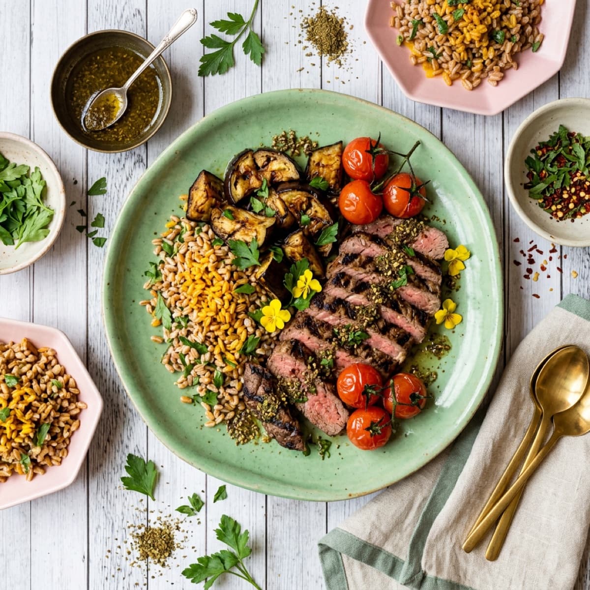 Chimichurri steak with farro, roasted eggplant and blistered tomatoes