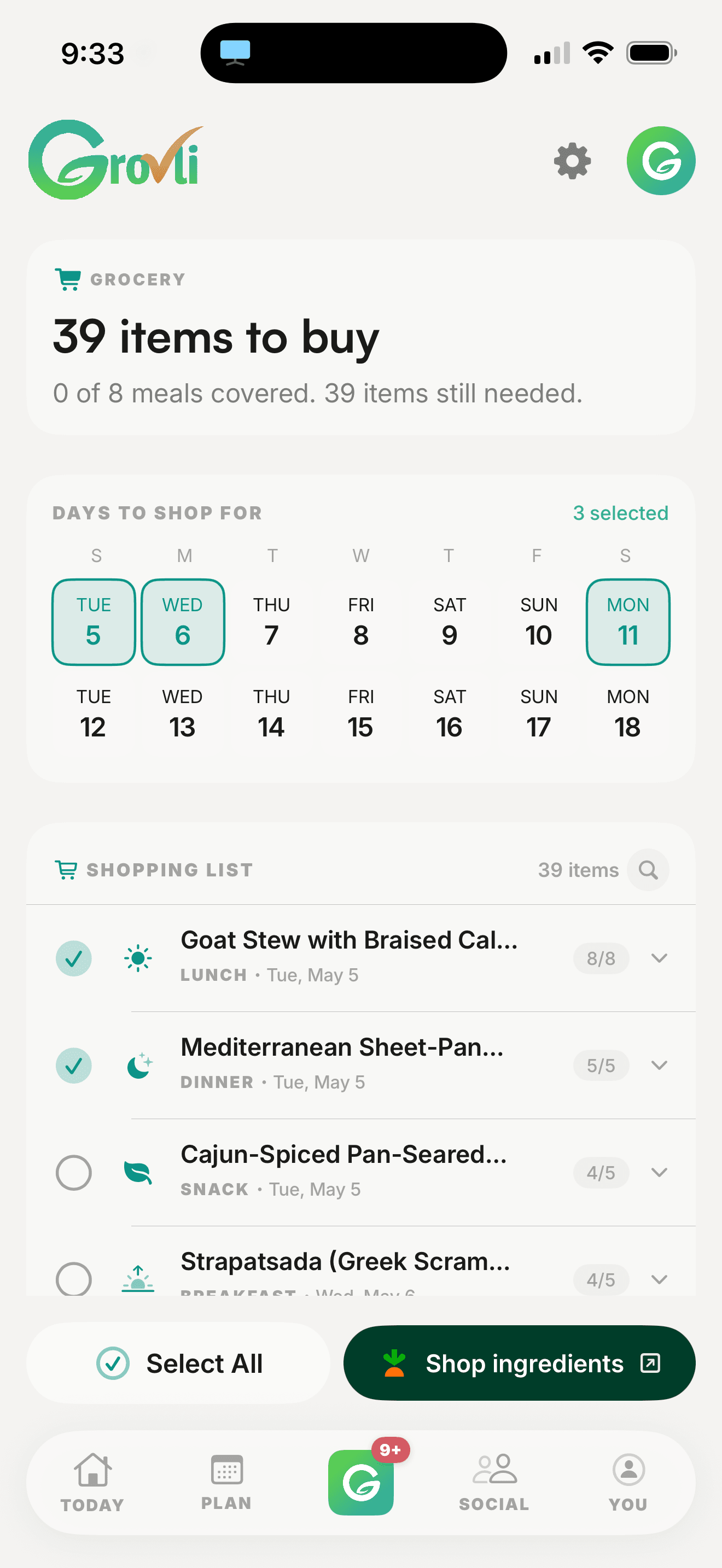 The Grovli grocery list — auto-built and ready for Instacart