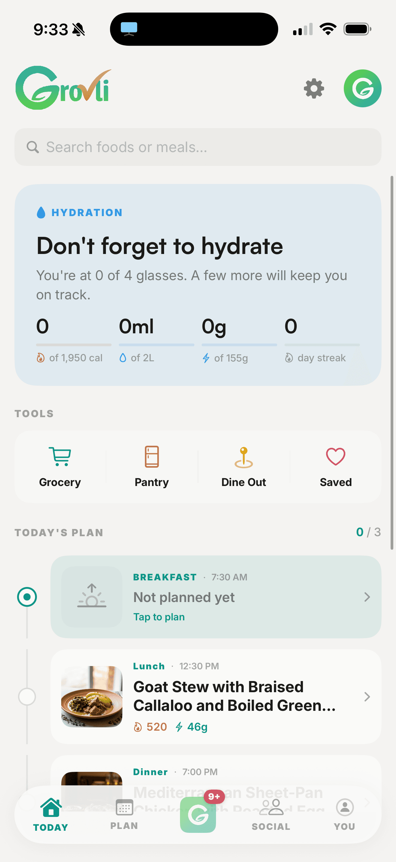 The Grovli Today screen — daily plan, calorie ring, and hydration
