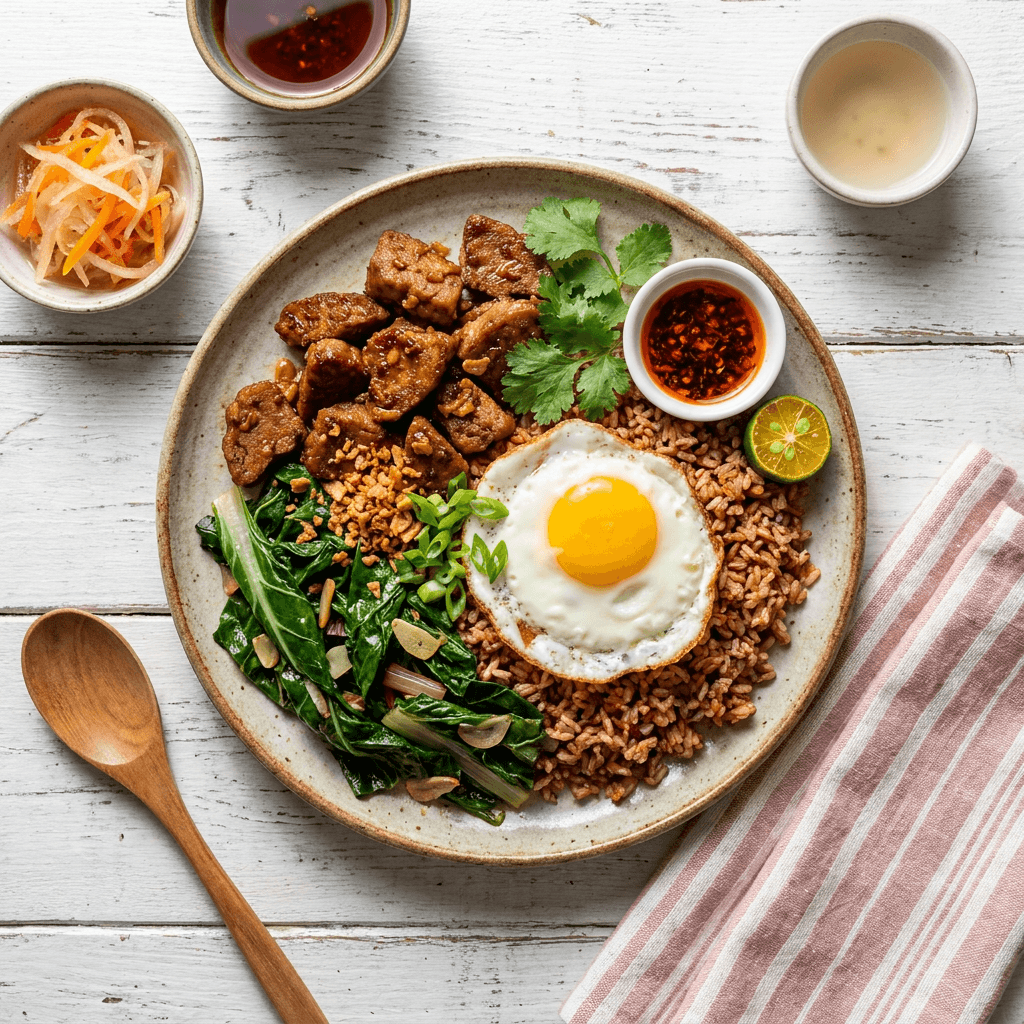 Traditional Garlic-Ginger Seitan Silog with Wilted Chard and Red Rice Blend