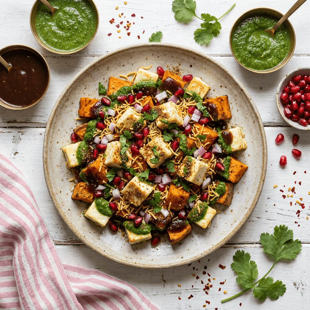 Chilled Paneer and Sweet Potato Chaat with Cilantro-Lime Chutney