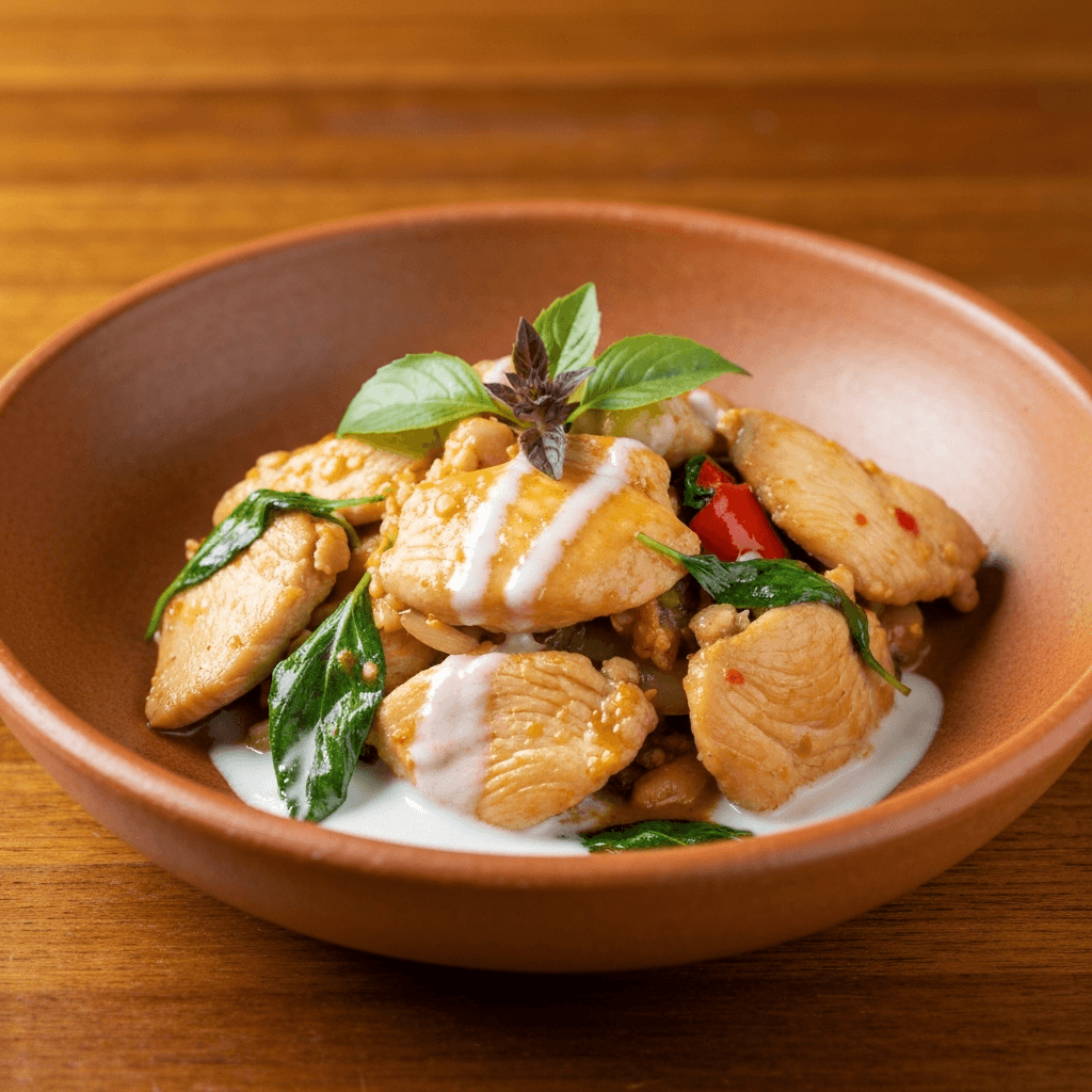 Spicy Thai Basil Chicken and Egg Stir-Fry with Coconut Cream