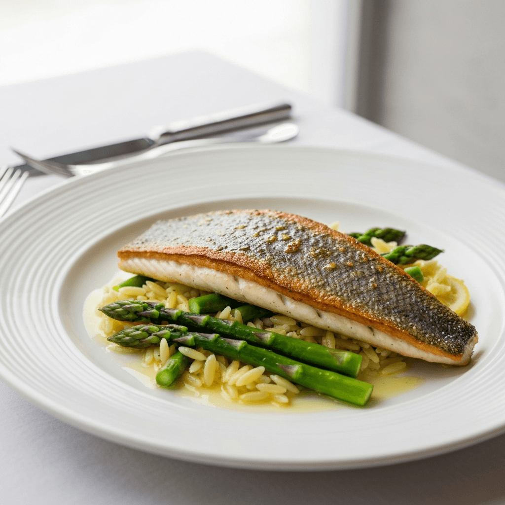 Pan-Seared Branzino with Lemon-Herb Orzo and Asparagus