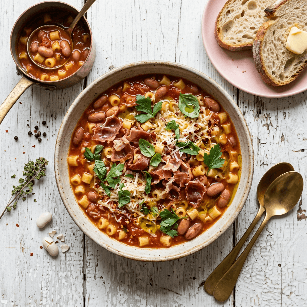 Pasta e Fagioli con Prosciutto e Pomodorina