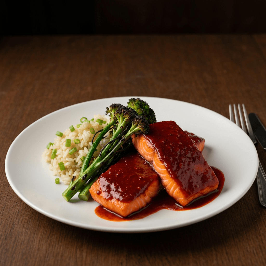 Gochujang-Glazed Atlantic Salmon with Ginger-Scallion Rice and Charred Broccoli