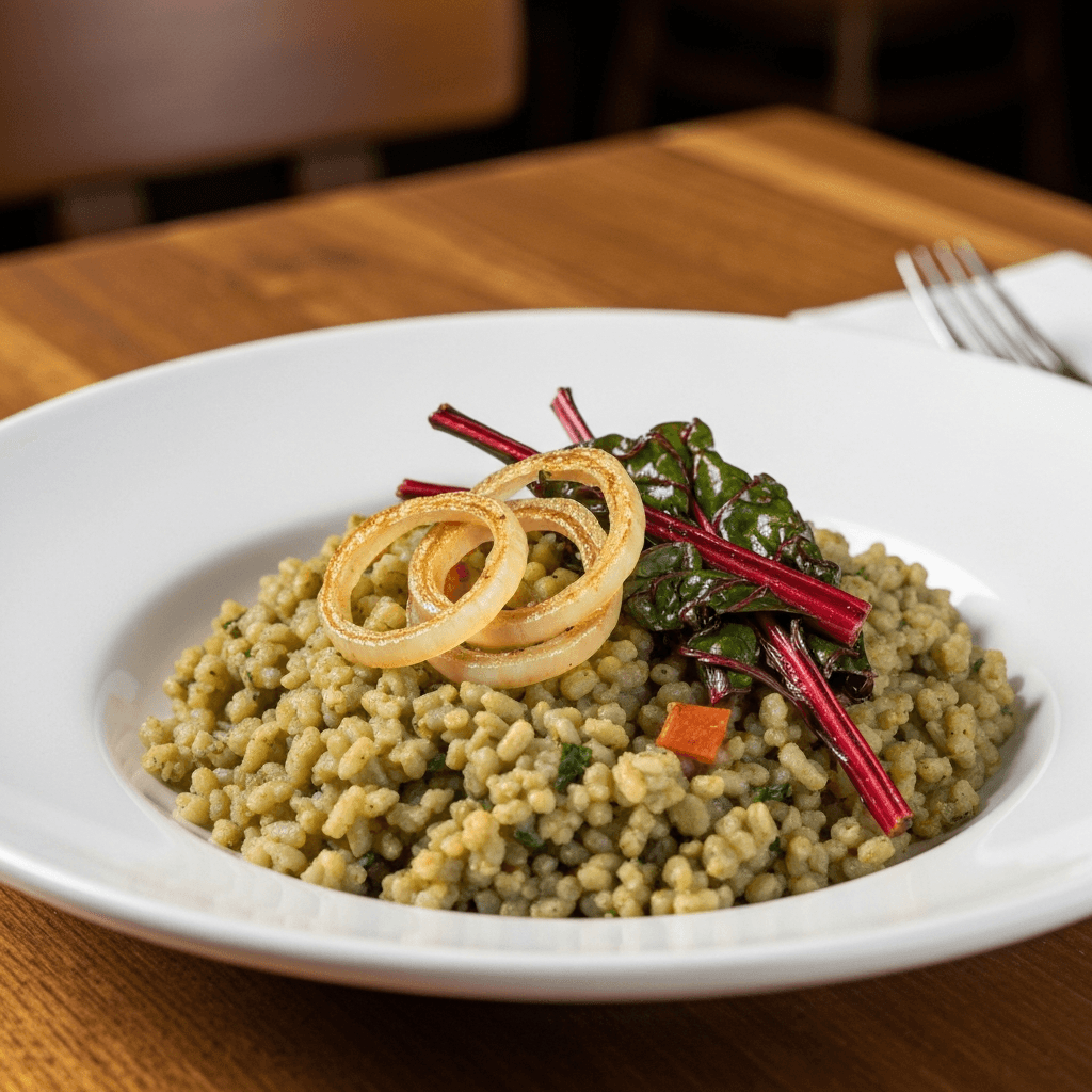 Mujaddara with Caramelized Onions and Swiss Chard