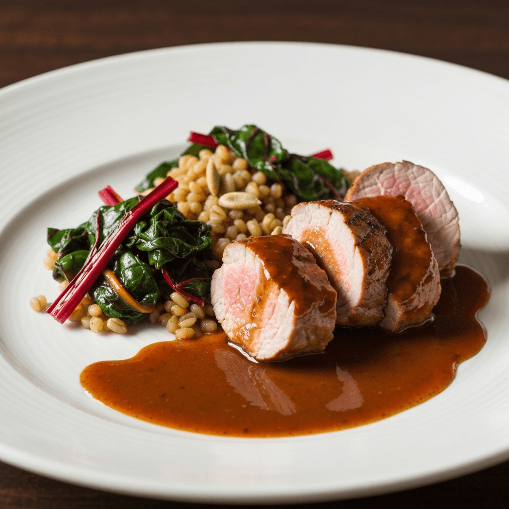 Pork Tenderloin Medallions with Tamarind-Glazed Swiss Chard and Freekeh