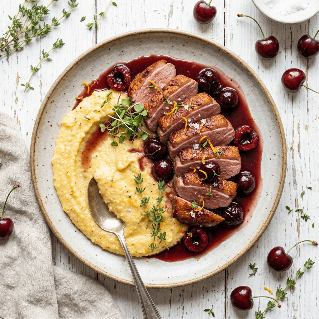 Pan-Seared Duck Breast with Cherry-Red Wine Reduction and Creamy Polenta