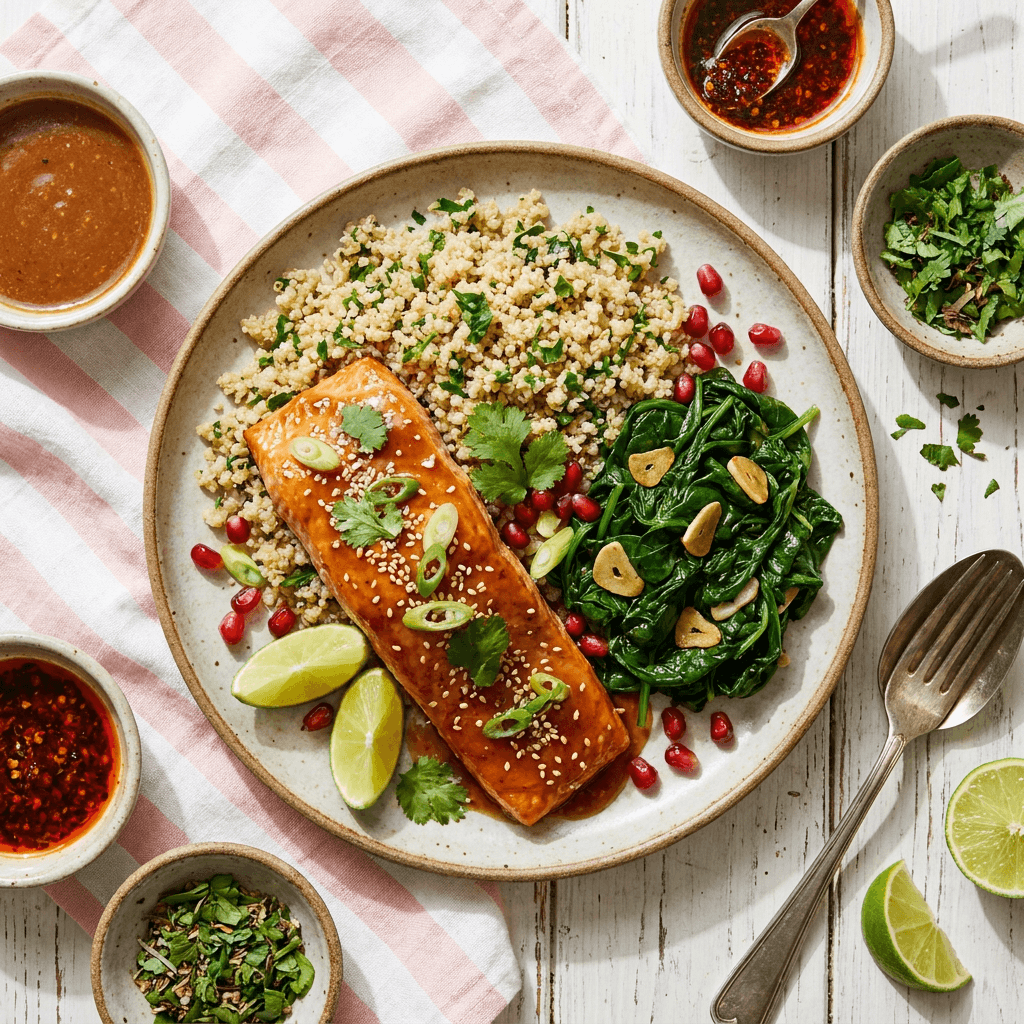 Miso-Ginger Glazed Salmon with Steamed Quinoa and Garlicky Wilted Spinach