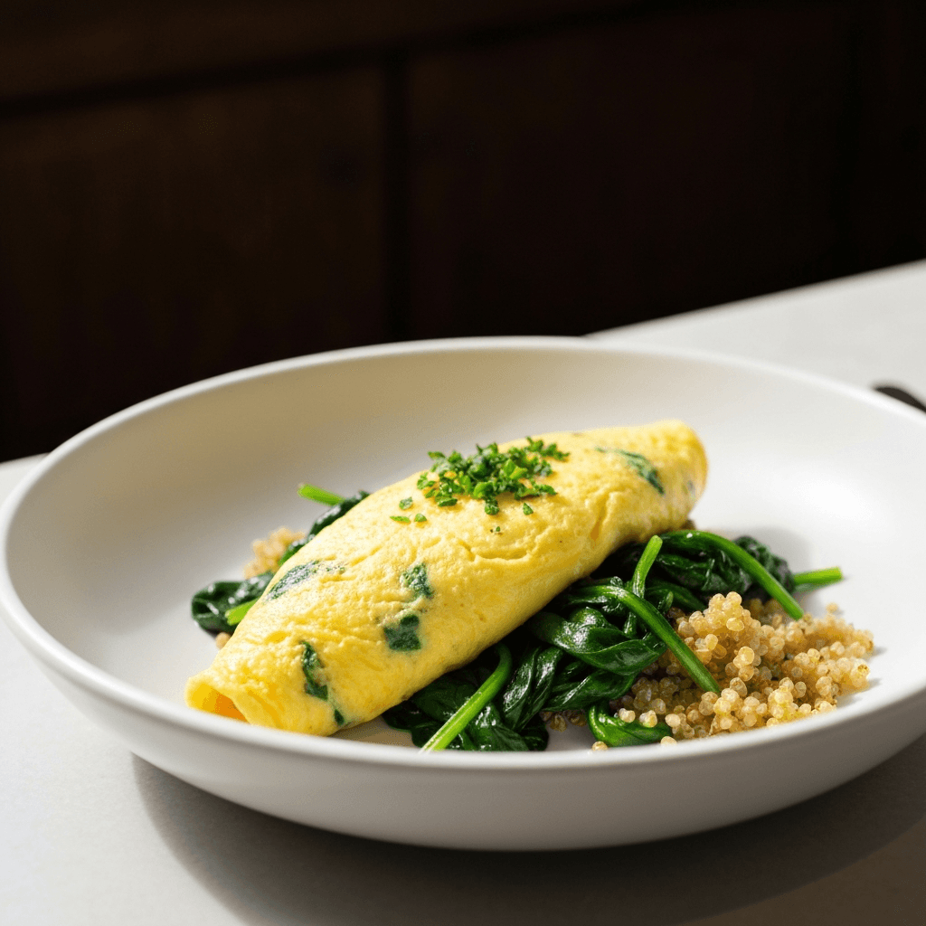 Omelette aux Fines Herbes with Sautéed Spinach and Toasted Quinoa