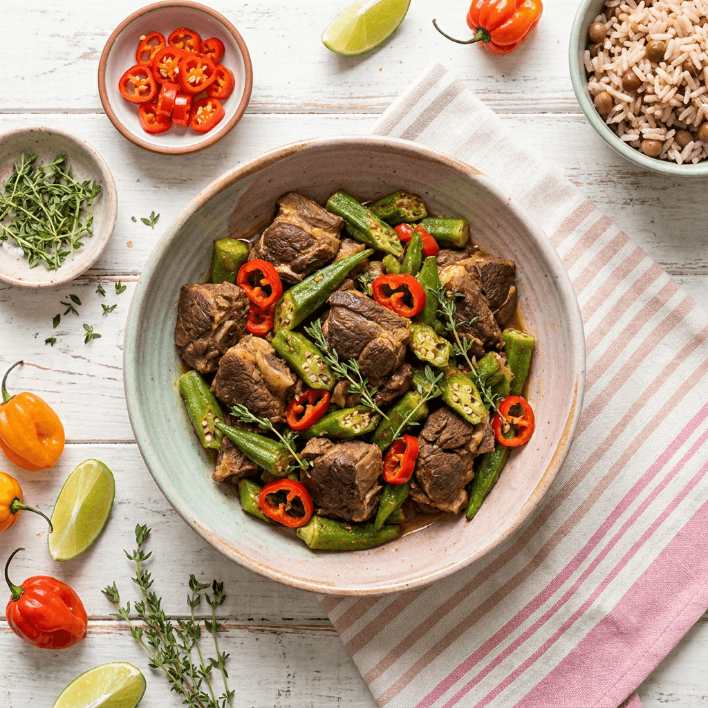 Caribbean-Style Goat and Okra Sauté with Scotch Bonnet and Fresh Thyme