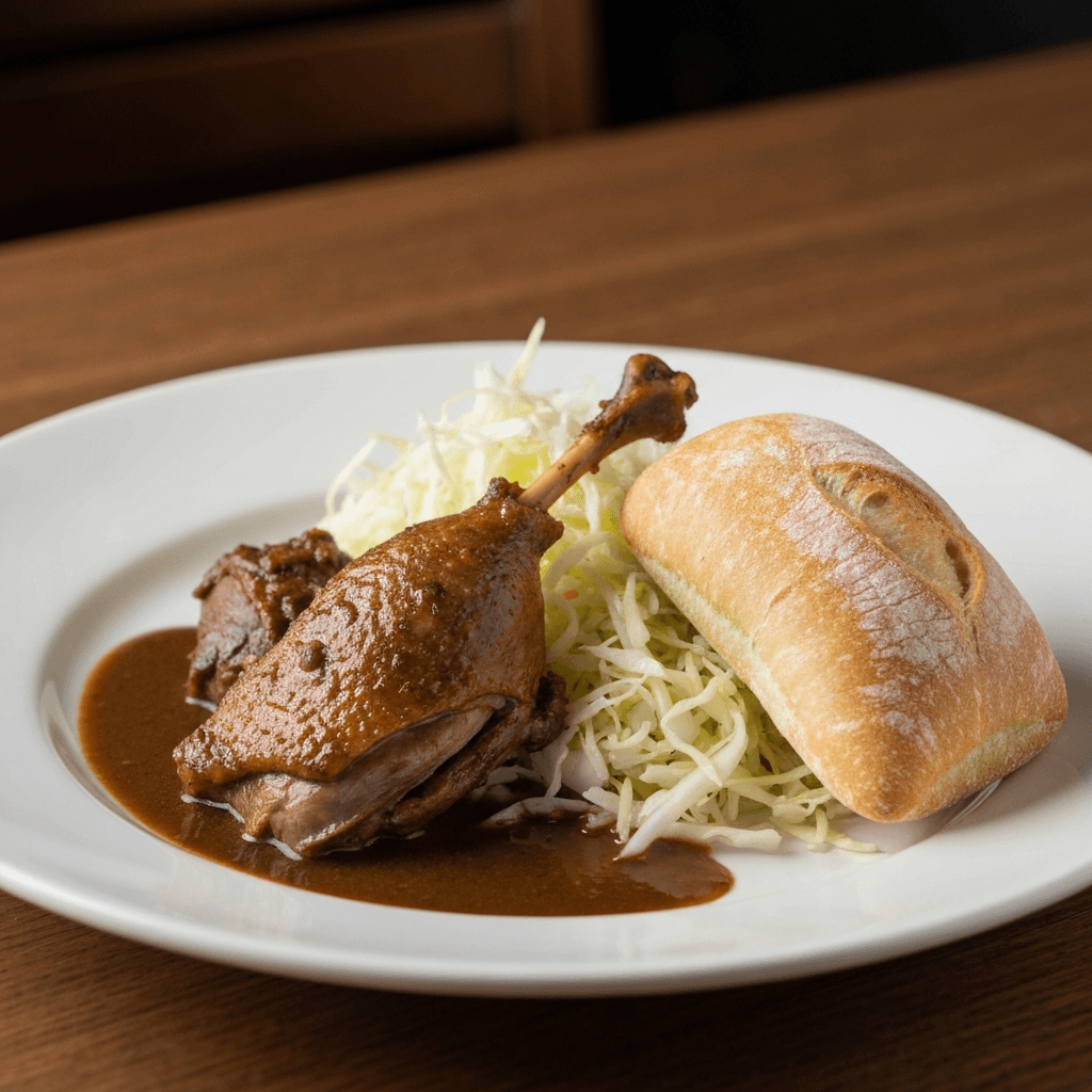 Moroccan Ras el Hanout Braised Duck with Shredded Cabbage and Ciabatta