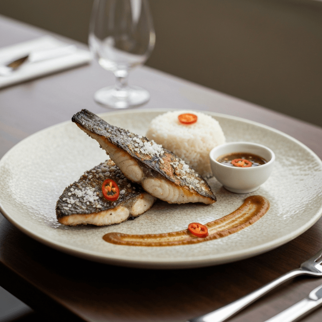 Pla Pao Gleua (Salt-Crusted Grilled Sea Bass with Tamarind-Chili Dipping Sauce)