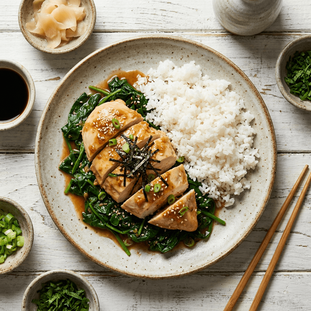 Miso-Ginger Steamed Chicken with Wilted Spinach and Short-Grain Rice