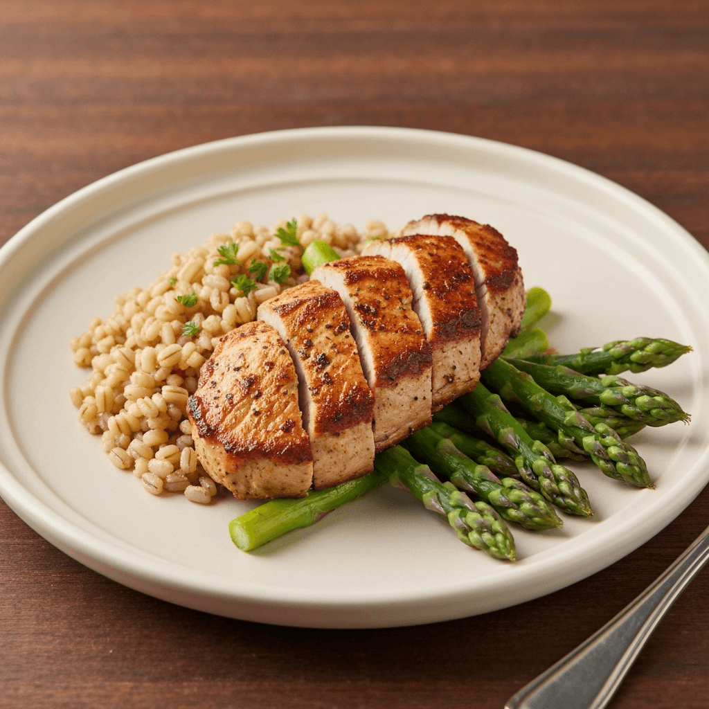 Ras el Hanout-Spiced Pork Tenderloin with Barley and Harissa-Glazed Asparagus