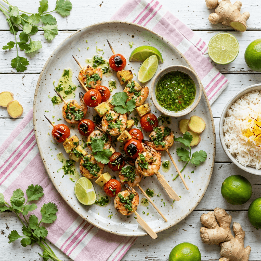Shrimp and Ginger-Tomato Skewers with Cilantro-Lime Infusion
