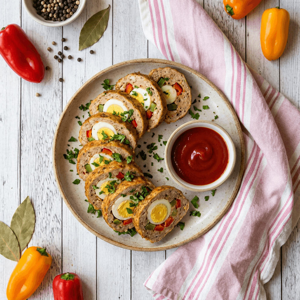 Embutido Filipino with Sweet Bell Peppers and Hard-Boiled Eggs