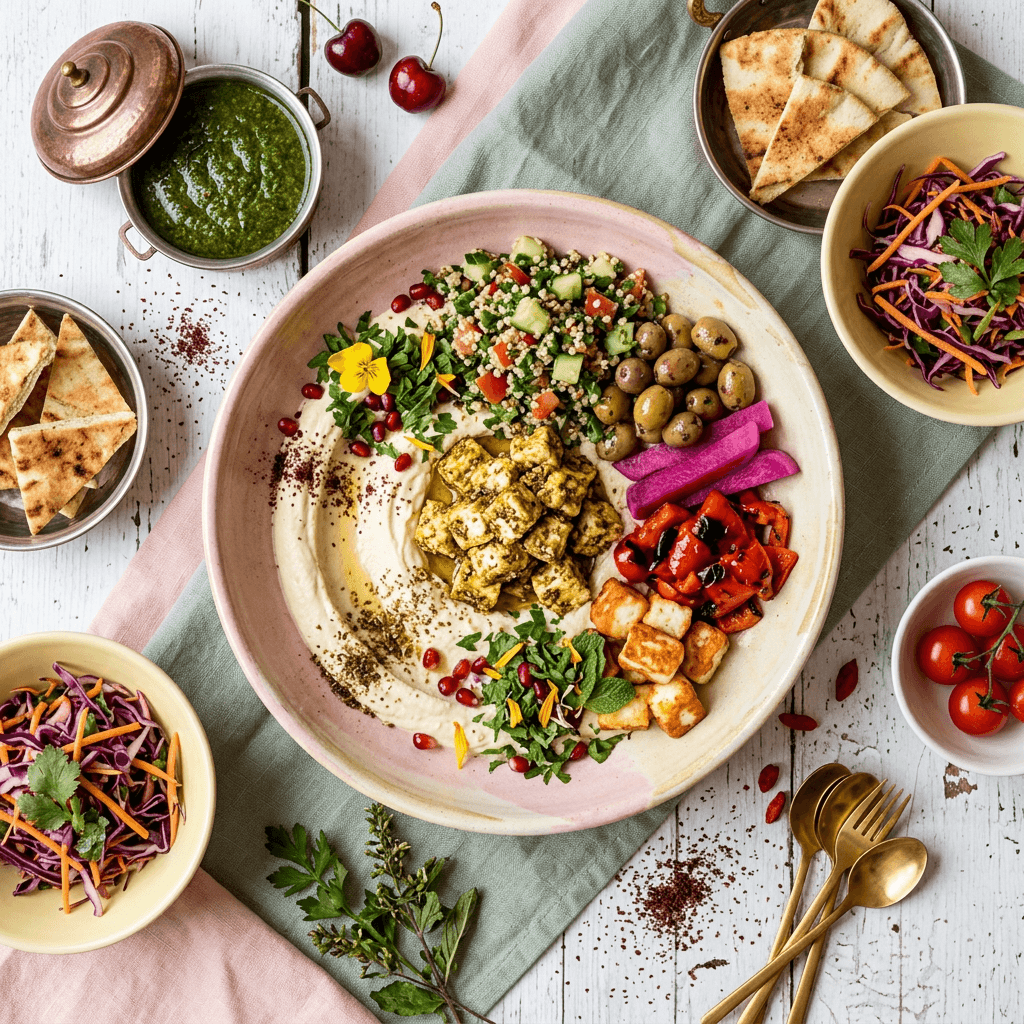 Mediterranean Meze Bowl with White Bean Hummus and Za'atar Crusted Feta