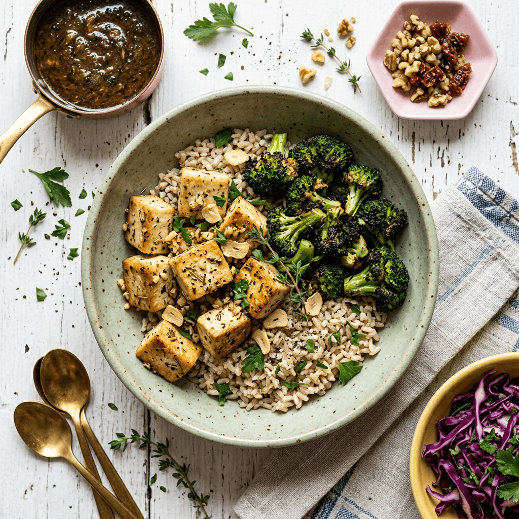 Roasted Garlic and Herb Firm Tofu with Charred Broccoli and Brown Rice Bowl
