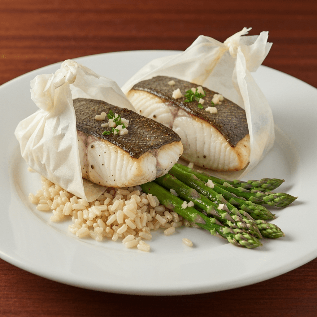 Sea Trout en Papillote with Garlic-Pepper Asparagus and Brown Rice