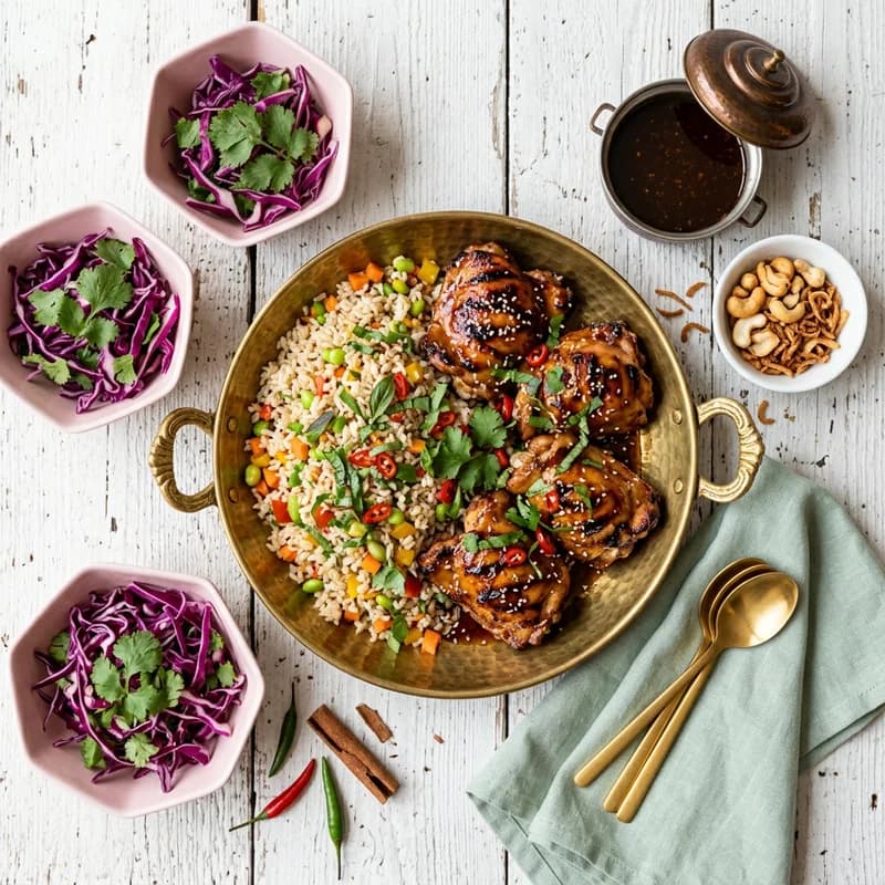 Grilled Sweet Asian Chicken Thighs with Garden Vegetable Brown Rice