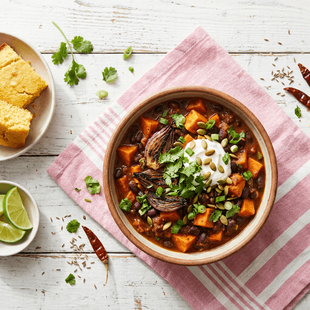 Smoky Black Bean and Sweet Potato Chili with Charred Shallots