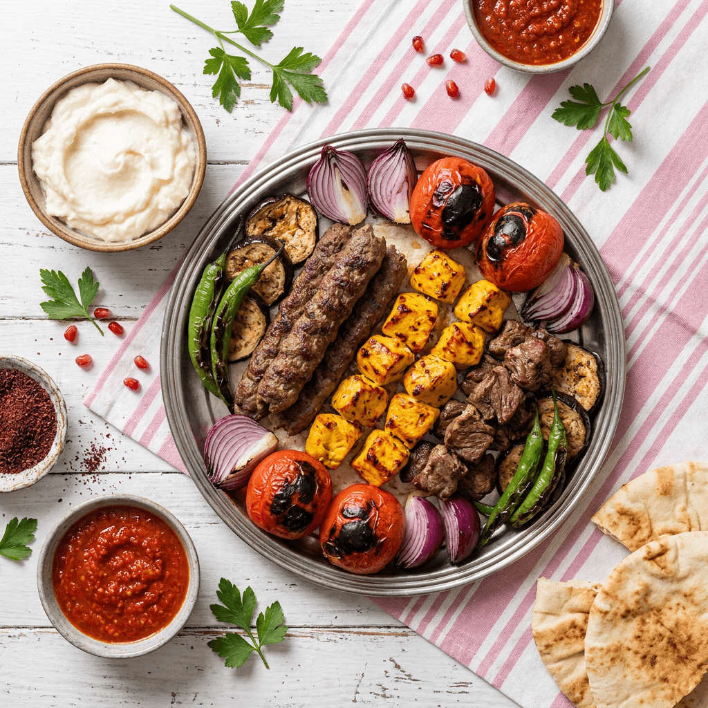 Mixed Mashawi Plate with Charred Vegetables and Garlic Toum