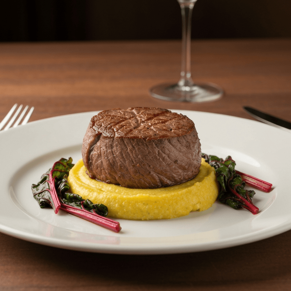 Grass-Fed Australian Top Sirloin Cap with Polenta Valsugana and Wilted Rainbow Swiss Chard