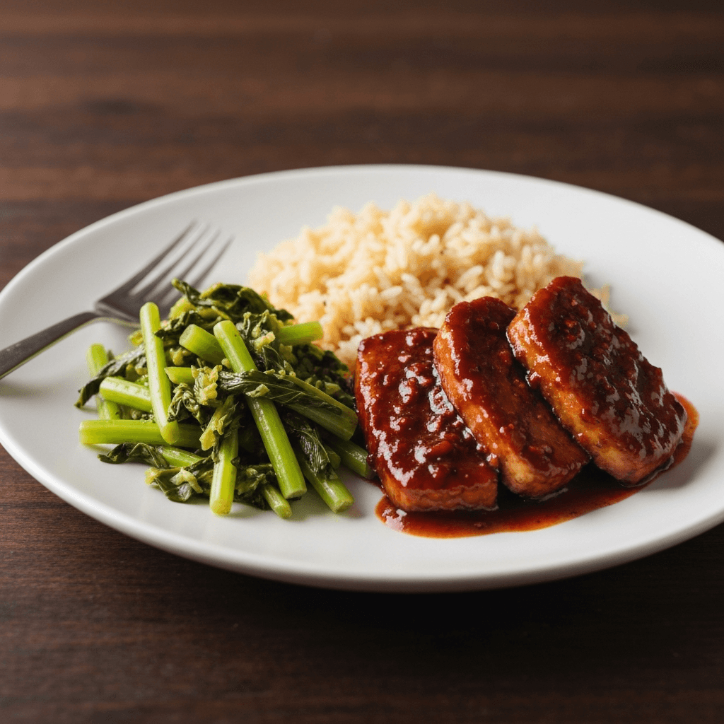 Gochujang-Glazed Seitan with Sautéed Mustard Greens and Jasmine Rice