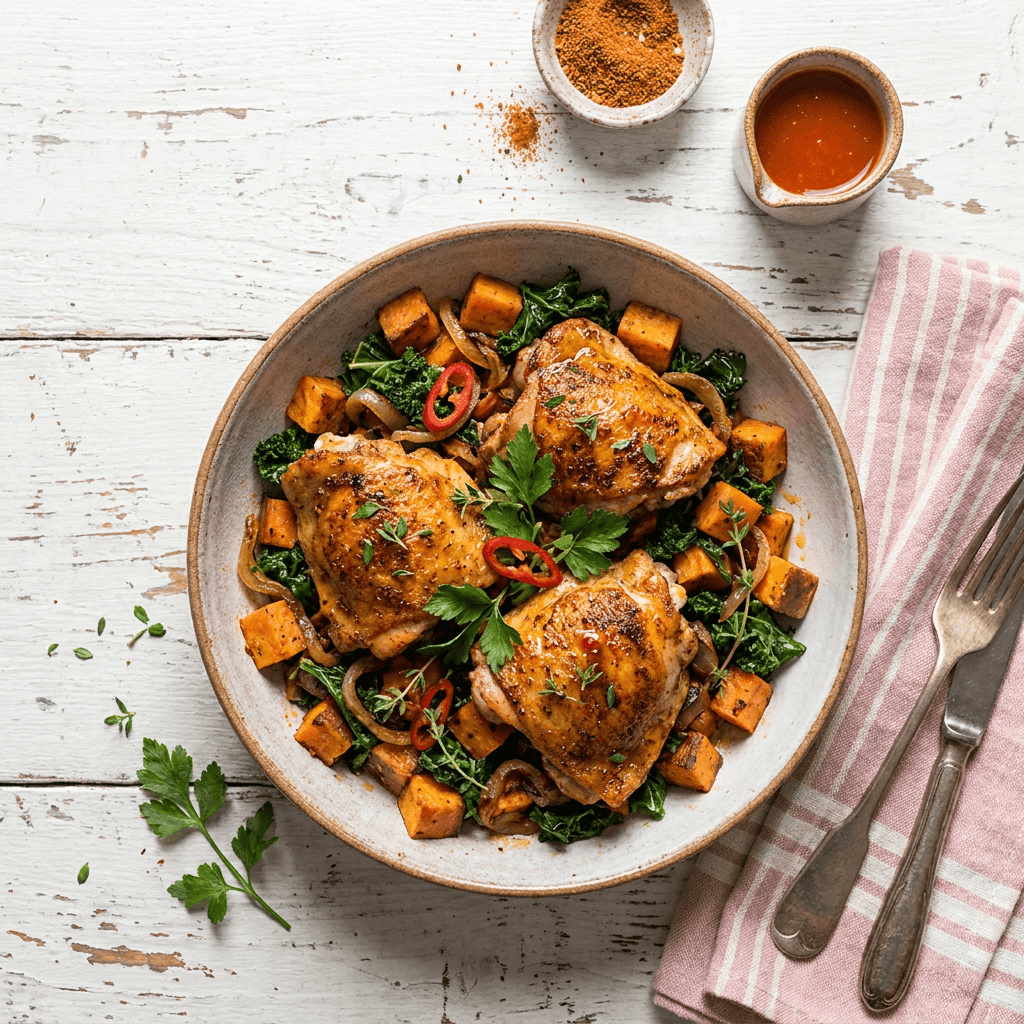 Cajun-Spiced Roasted Chicken Thighs with Sweet Potato and Kale Hash