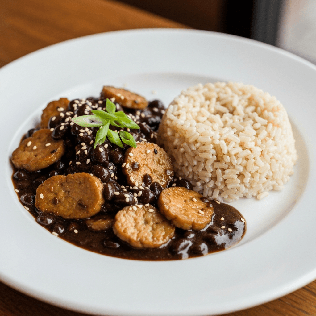 Seitan Stir-Fry with Black Bean Sauce and Brown Rice