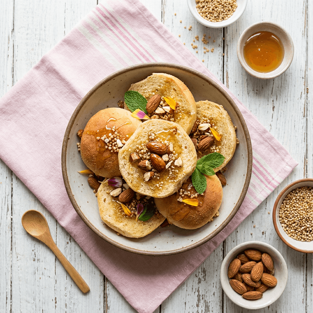 Pandesal with Roasted Almonds and Honey-Glazed Quinoa