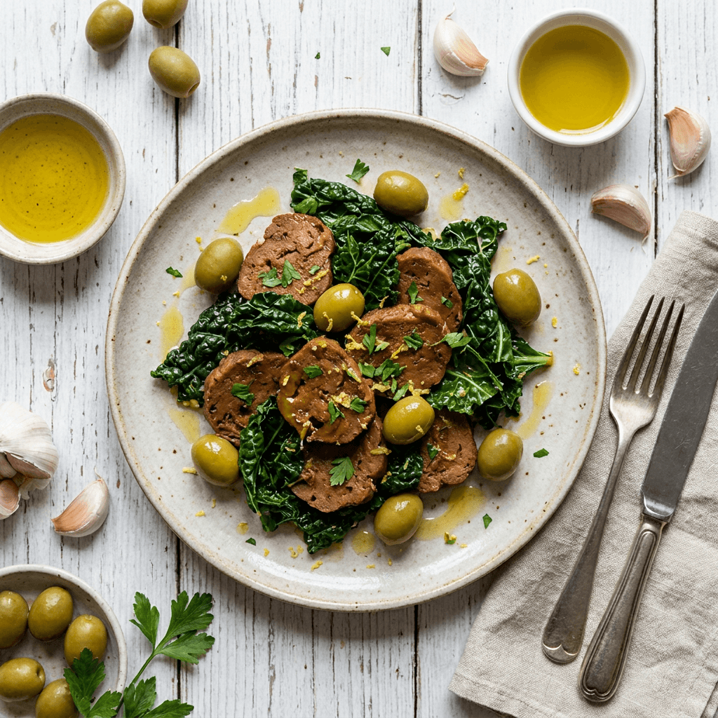 Braised Seitan with Tuscan Kale and Spanish Queen Olives