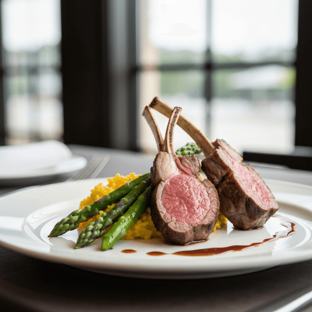 Pan-Seared Lamb Loin Chops with Saffron Risotto and Asparagus
