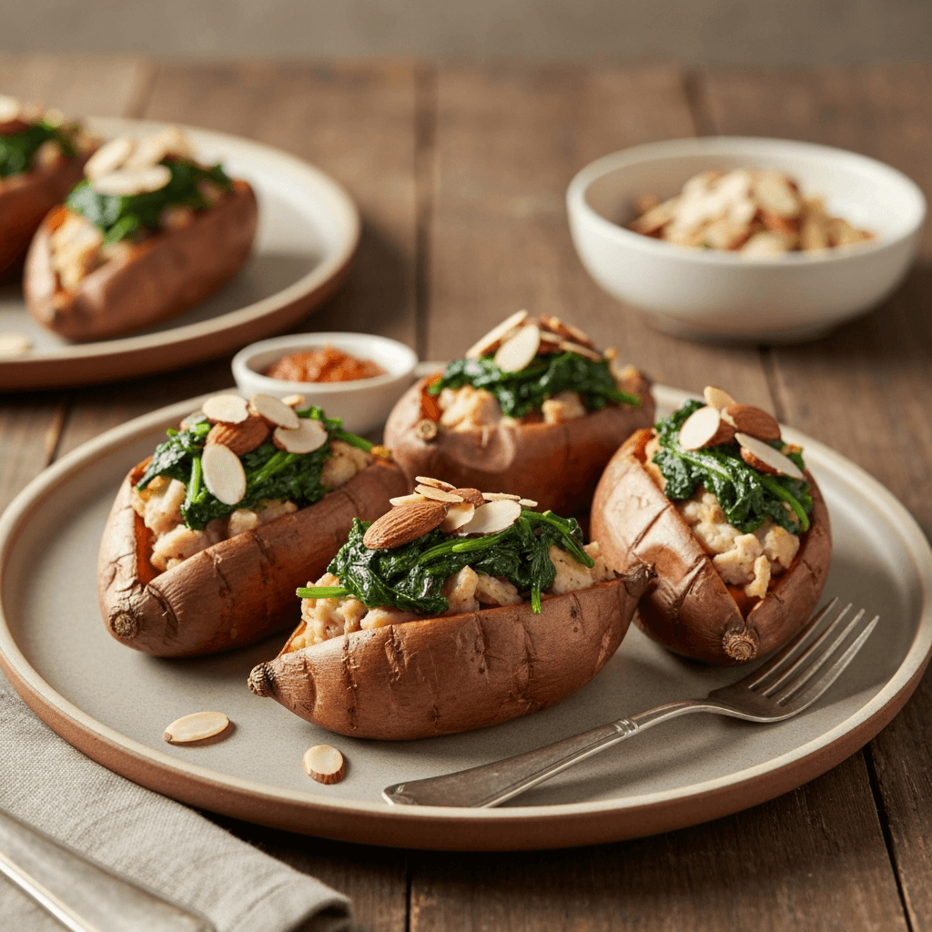 Turkey and Spinach Stuffed Sweet Potatoes with Toasted Almonds