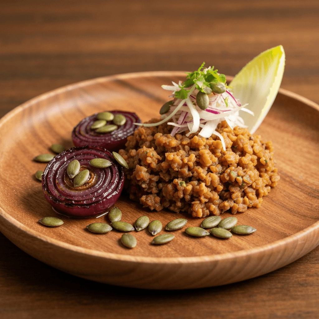 Mujaddara with Caramelized Red Onion, Toasted Pumpkin Seeds, and Shaved Endive Salad