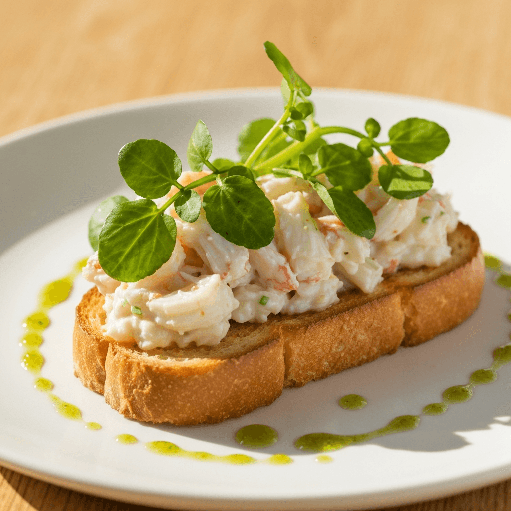 Fancy White Crab Salad on Toasted Brioche with Watercress and Yuzu-Kosho Dressing