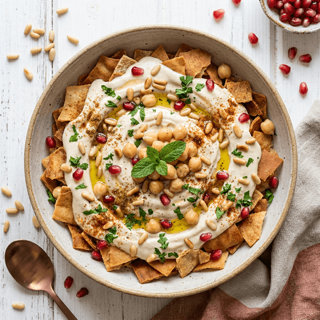 Fatteh Hummus Beiruti with Toasted Pine Nuts and Crispy Pita