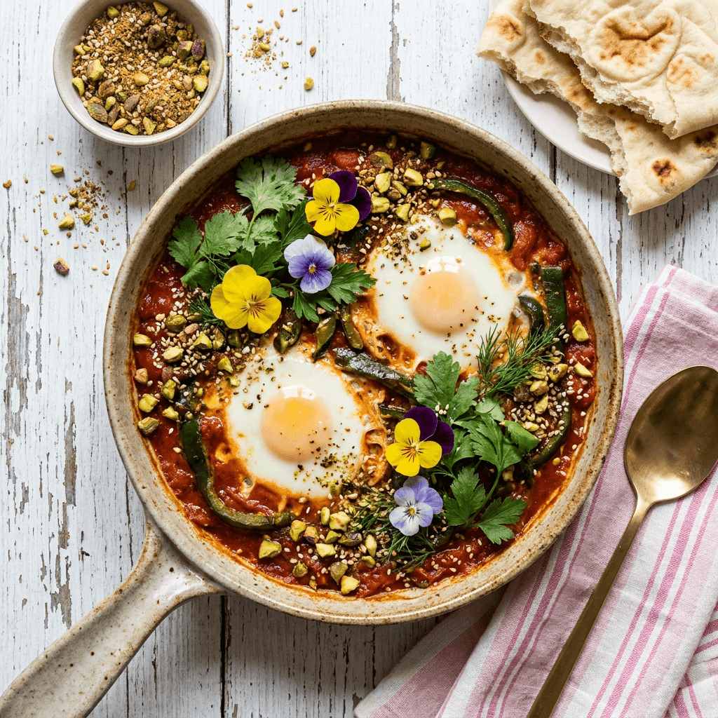 Middle Eastern Baked Eggs with Roasted Poblano and Pistachio Dukkah