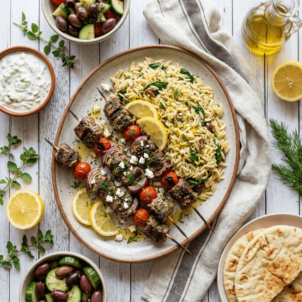Greek Lamb Souvlaki Skewers with Lemon-Herb Orzo