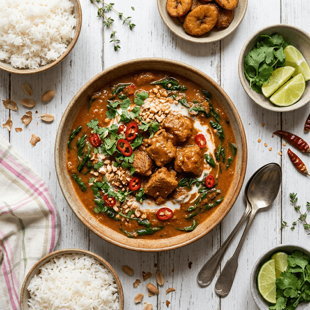 West African Peanut Stew (Maafe) with Braised Turkey and Wilted Spinach