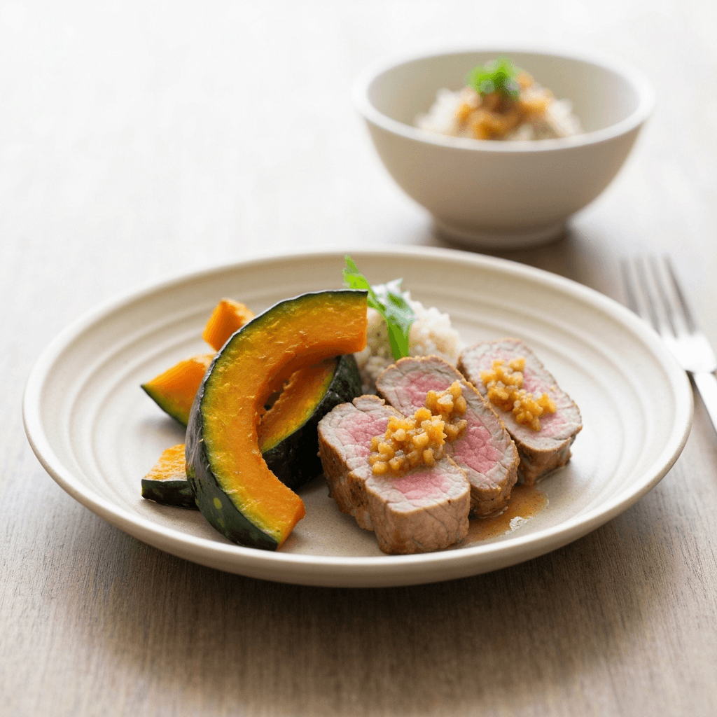 Kabocha Squash and Tenderloin Sauté with Ginger-Soy Aromatics