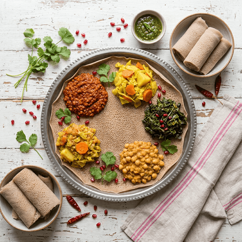 Vegetarian Beyaynetu Dinner with Misir Wat and Atakilt