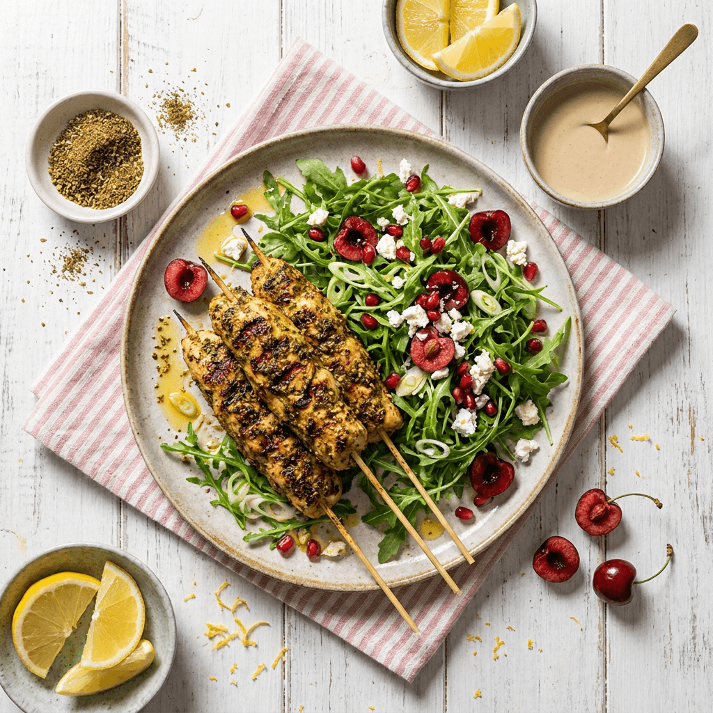 Za'atar-Crusted Grilled Chicken Skewers with Arugula and Scallion Salad