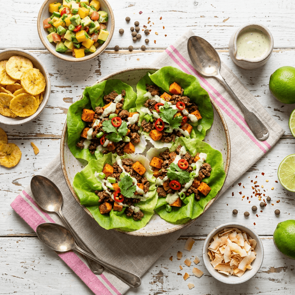 Caribbean-Spiced Ground Beef and Sweet Potato Lettuce Cups