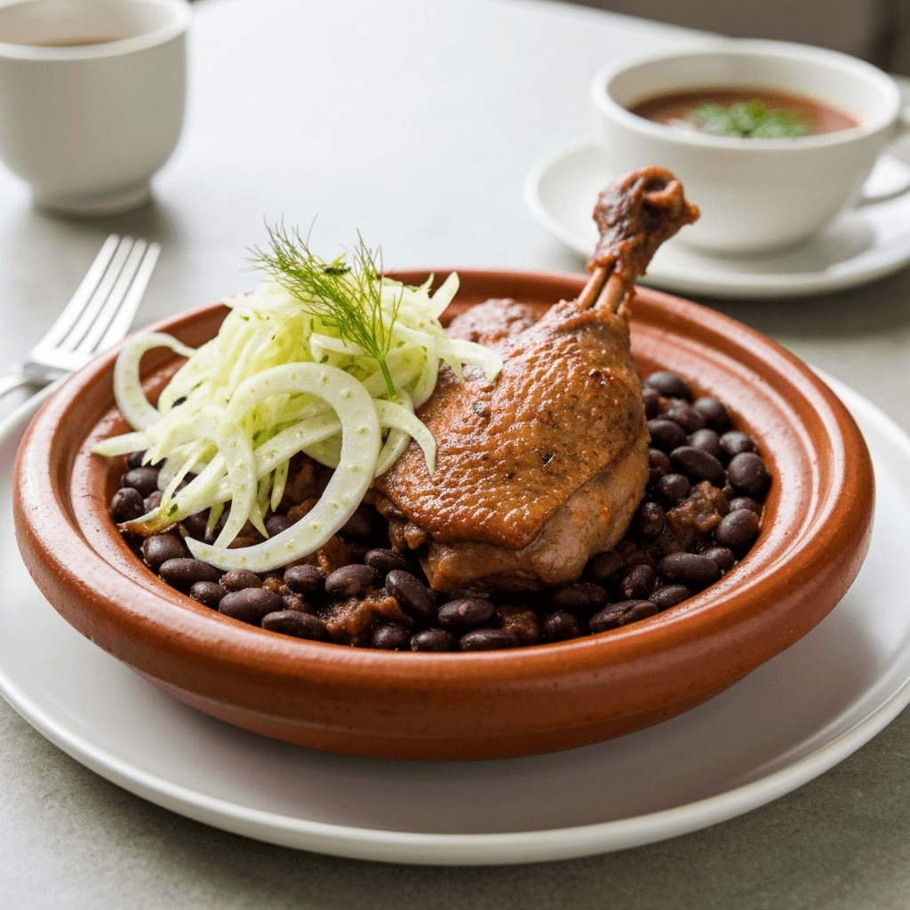 Moroccan-Spiced Duck and Black Bean Tagine with Shaved Fennel Slaw