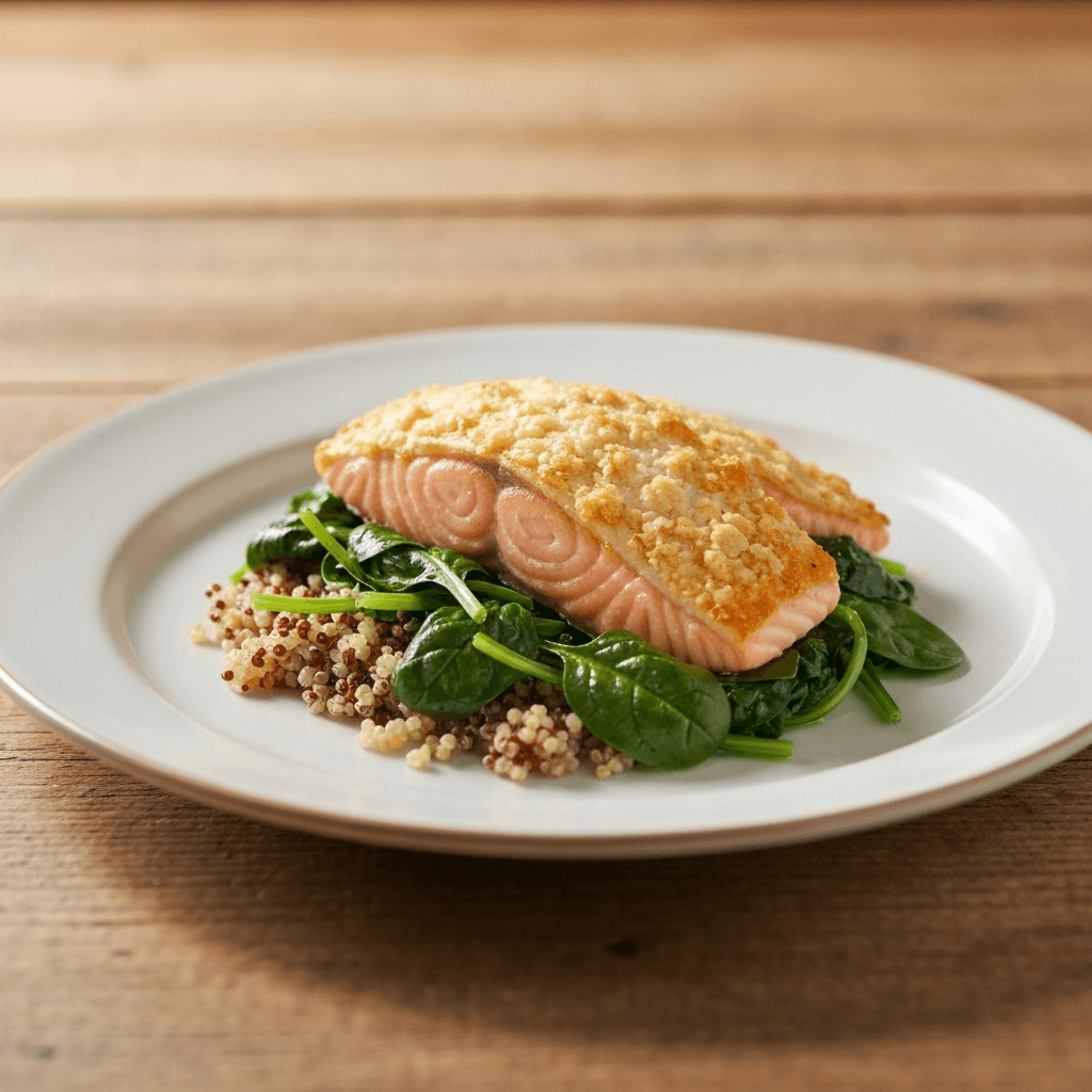 Provençal Poached Salmon with Quinoa and Wilted Baby Spinach