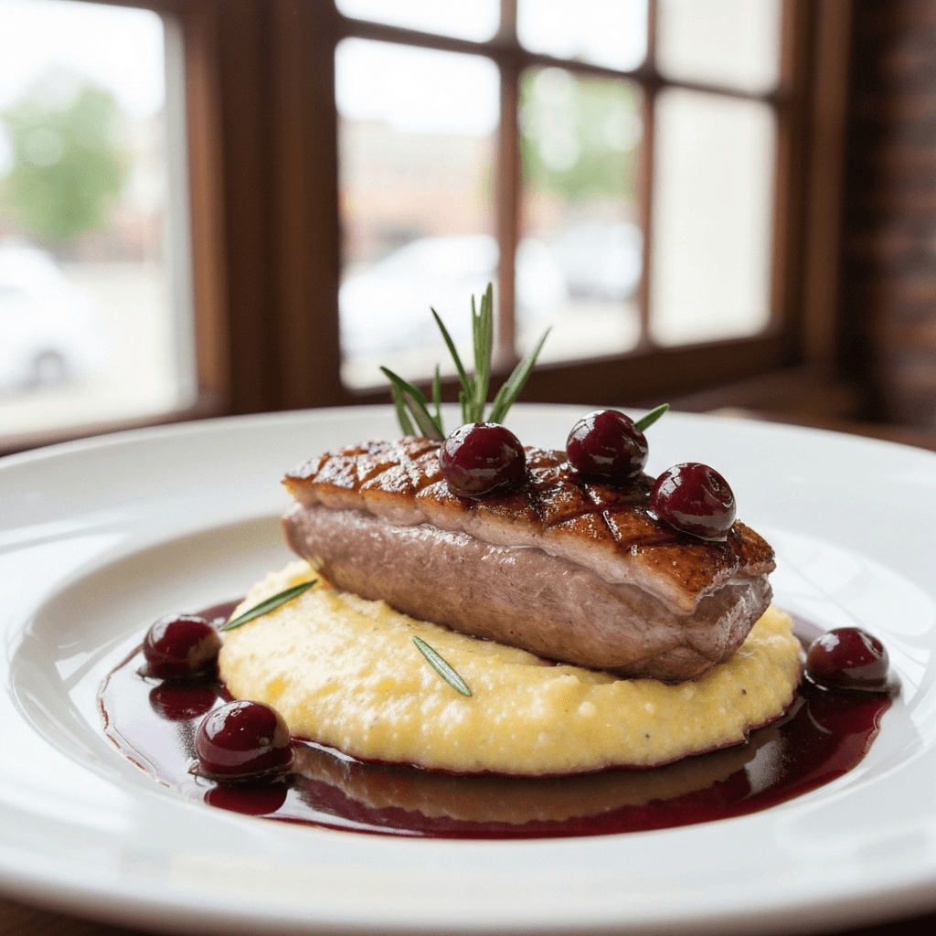 Seared Duck Breast with Cherry-Balsamic Glaze and Creamy Polenta