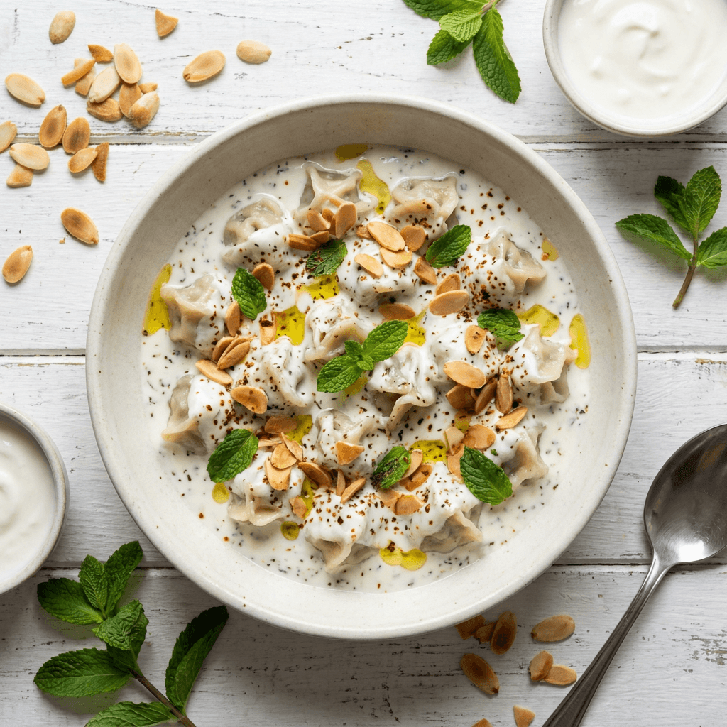 Shish Barak with Mint-Garlic Yogurt and Toasted Almonds