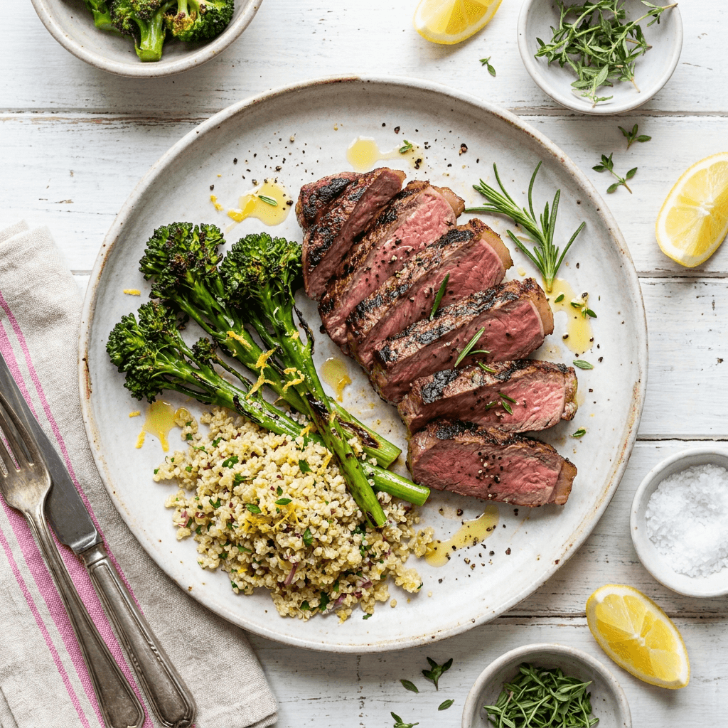 Bistecca alla Fiorentina Style Grilled Sirloin with Charred Broccolini and Lemon-Scented Quinoa